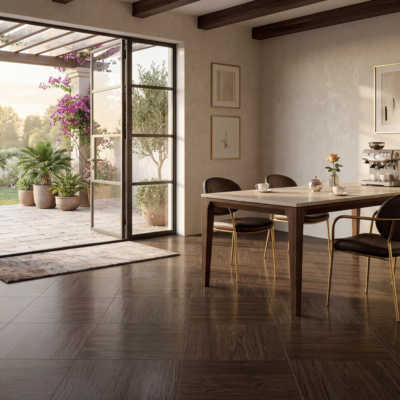 Sala luminosa, con ventanal alto y vista al patio, muebles de madera y piso cerámica madera Encino Café, colección Ecos, Cerámicos Gala