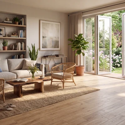 Sala amplia con sofá y centro de mesa de madera que resalta el piso de cerámica madera Italy Natural colección Sylva de Cerámicos Gala