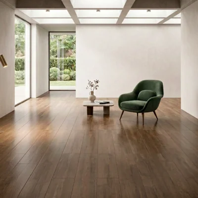 Recepción amplia y luminosa con sofá verde pino y centro de mesa pequeño, con un piso de cerámica madera Lund, colección Sylva de Cerámicos Gala