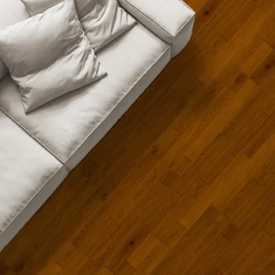 Sofá blanco y piso de cerámica madera Merbau, colección Sylva de Cerámicos Gala