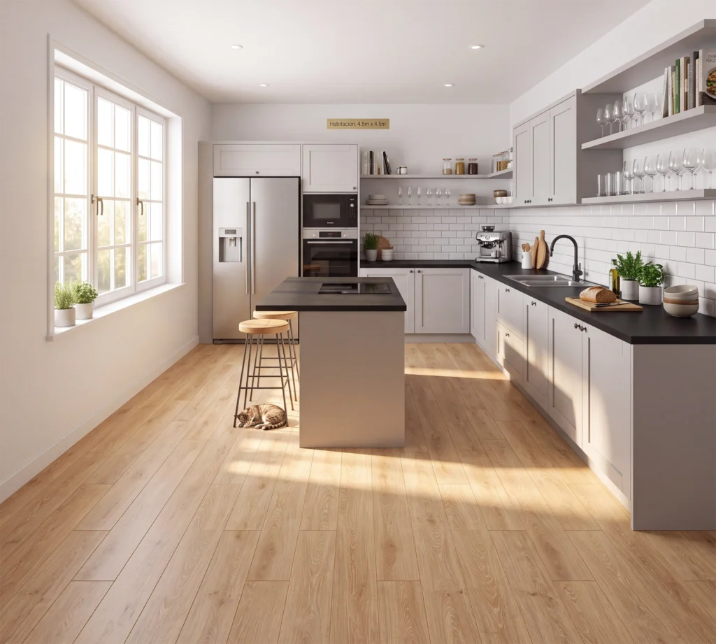 Cocina Moderna Luminosa Con Isla Centra Y Piso De Cerámica Madera Nuance Beige, Colección Sylva De Cerámicos Gala