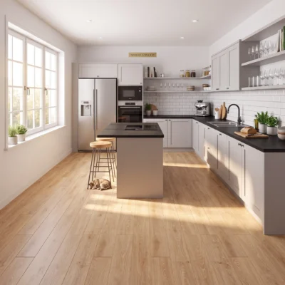 Cocina moderna luminosa con isla centra y piso de cerámica madera Nuance Beige, colección Sylva de Cerámicos Gala