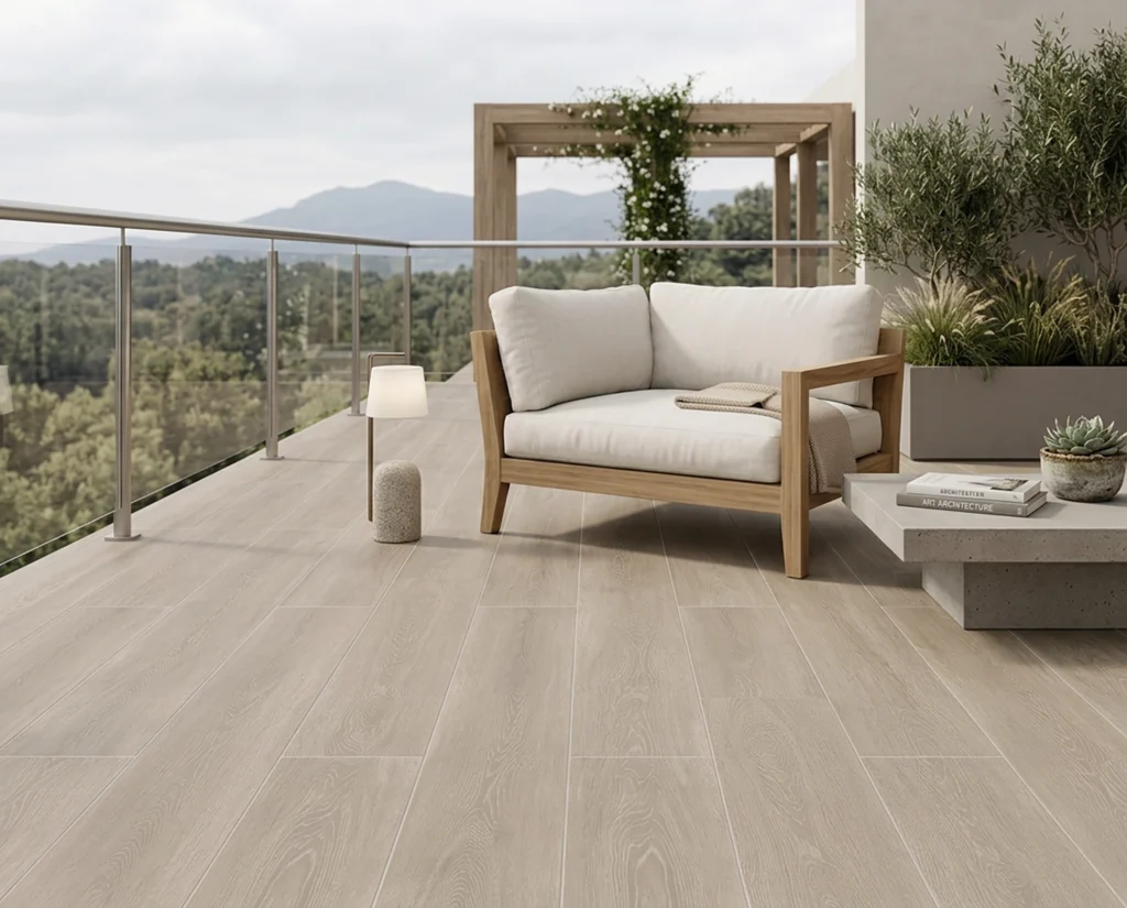 Terraza Mirador Espaciosa, Sofá De Madera Y Cojines Blancos, Con Un Piso De Cerámica Madera Oyster, Colección Sylva De Cerámicos Gala