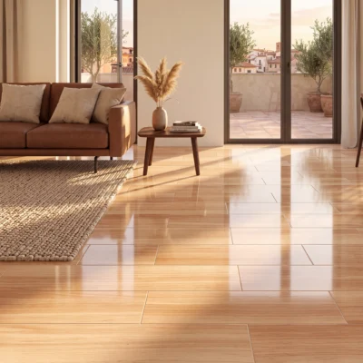 Sala luminosa, con ventanal alto y vista al patio, muebles de madera y piso cerámica madera Rovere, colección Sylva de Cerámicos Gala
