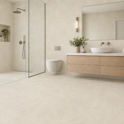 Baño amplio de estilo rústico con repisas de madera y piso de cerámico rústico Bari Beige, colección Materia 46x46 de Cerámicos Gala