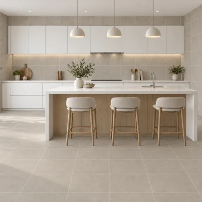 Cocina amplia, con gran iluminación de aspecto rústico, isla de mármol y piso de cerámico rústico Bari Beige, colección Materia 46x46 de Cerámicos Gala