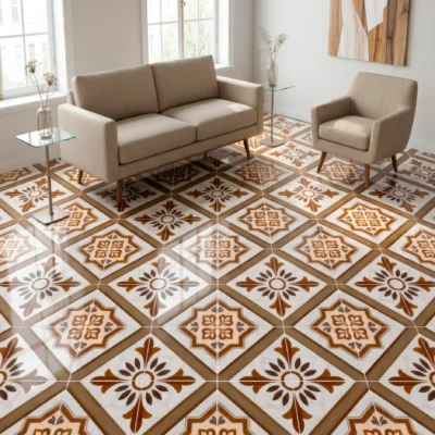 Sala iluminada, sofá beige en piso de cerámica mármol Boggio, colección Materia 46x46 de Cerámicos Gala