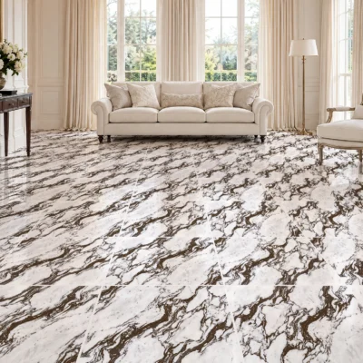 Sala luminosa con estilo tradicional, soffá beige y piso de cerámica mármol Carpem, colección Materia 46x46 de Cerámicos Gala