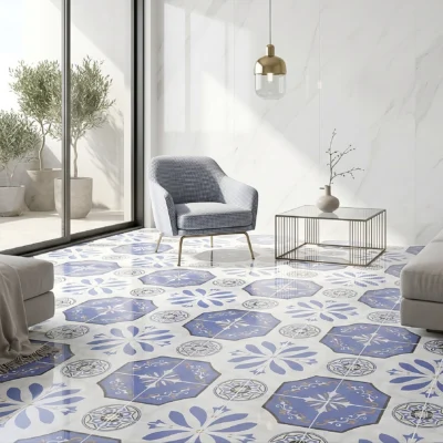 Sala iluminada, sofá beige en piso de cerámica mármol Clark Blue, colección Materia 46x46 de Cerámicos Gala