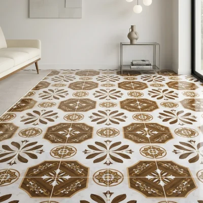 Sala luminosa con sillón blanco hueso y piso de cerámica mármol Clark Brown, colección Materia 46x46 de Cerámicos Gala