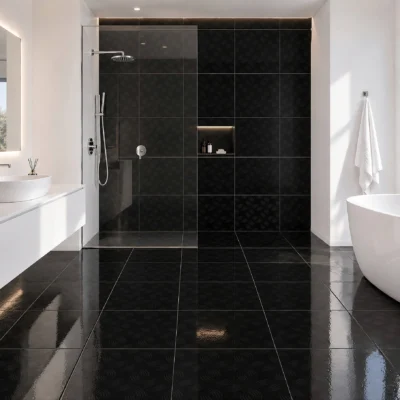 Baño moderno blanco y negro con lavamanos de mármol y piso de cerámico liso Laccio Negro, colección Materia 46x46 de Cerámicos Gala