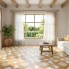 Sala luminosa con un sofá blanco y un piso de cerámica madera Leia, colección Materia de Cerámicos Gala