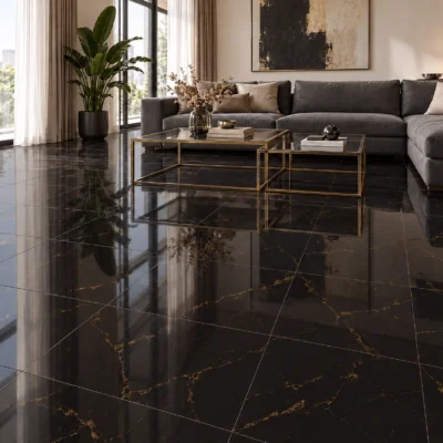 Sala elegante con gran iluminación, sofá gris y piso de cerámica mármol Noir, colección Materia 46x46 de Cerámicos Gala