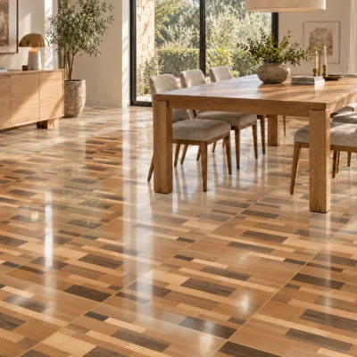 Comedor de madera con gran iluminación y un piso de cerámica madera Parquet Dakota, colección Materia 46x46 de Cerámicos Gala