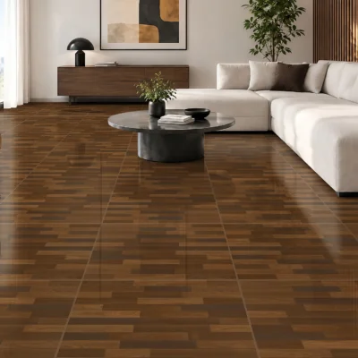 Sala iluminada, sofá blanco en piso de cerámica madera Parquet Java, colección Materia 46x46 de Cerámicos Gala