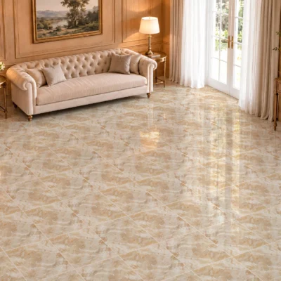 Sala luminosa con estilo tradicional, soffá beige y piso de cerámica mármol Priscila, colección Materia 46x46 de Cerámicos Gala
