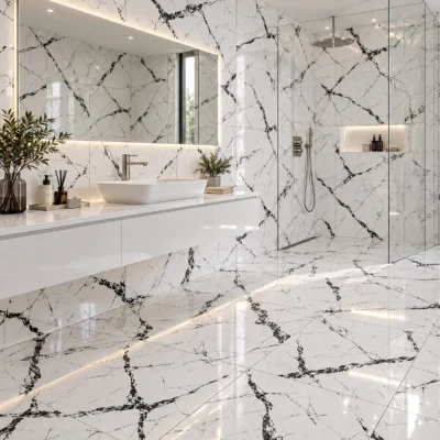 Baño iluminado moderno con baldosas de piso y pared de cerámica mármol Seya, colección Materia 46x46 de Cerámicos Gala
