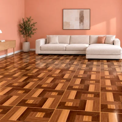 Sala iluminada, sofá blanco en piso de cerámica madera Tandem, colección Materia 46x46
